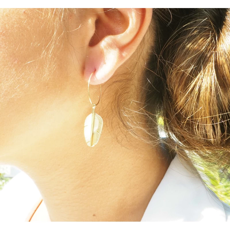 Boucles D'oreilles Créoles Plume En Acier Or Jaune - Zag Bijoux 4 Boucles D'oreilles Créoles Plume En Acier Or Jaune - Zag Bijoux – Image 2