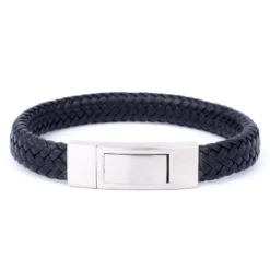 Bracelet Cuir Plat Noir Fermoir Brossé - Ikoba