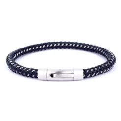 Bracelet Cuir Rond Noir Fermoir Brossé - Ikoba