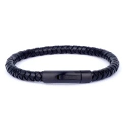 Bracelet Cuir Rond Noir Fermoir Noir Aspect Mat - Ikoba