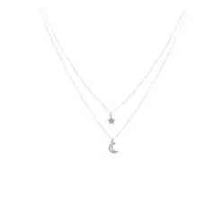 Collier Double Chaînes étoile Lune Argent - Pomme Cannelle