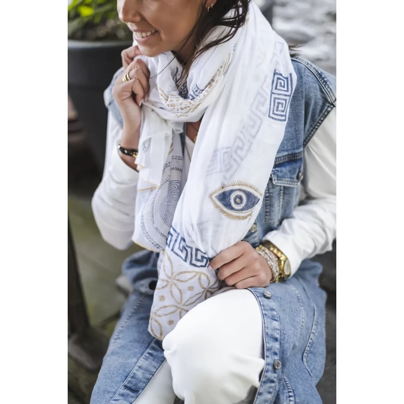 Foulard Sarah Blanc, Petite Touche Bleu Et Doré - Shanna 4 Foulard Sarah Blanc, Petite Touche Bleu Et Doré - Shanna – Image 3